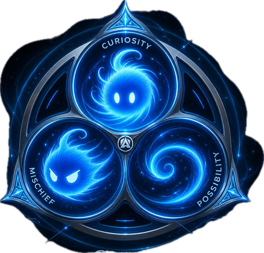 AxisOS Quad Crest &mdash; Curiosity, Mischief, Possibility